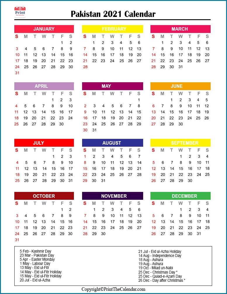 Pakistan Printable Calendar 2021